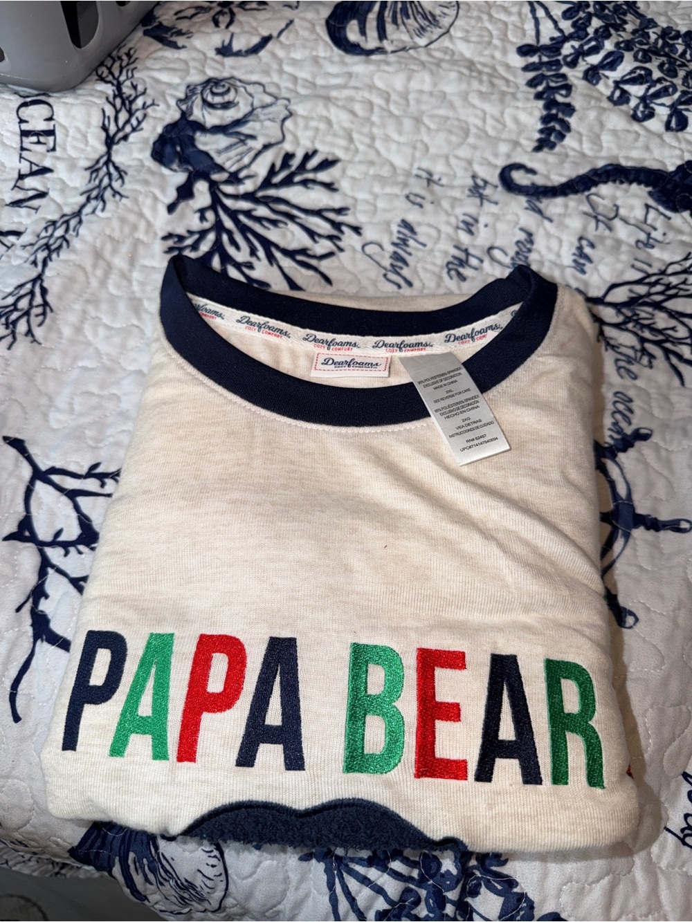 dearfoams Cream Tee with Navy Trim and Multicolor 'PAPA BEAR' Print pjs size 2xl